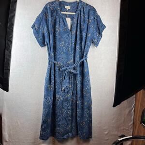 Wonderly Women's XL Midi Dress Button Up Belted Paisley Blue Chambray V Neck